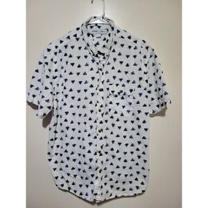 Old Navy Button Up Shirt Mens XL White Navy Blue Relaxed Fit Triangle